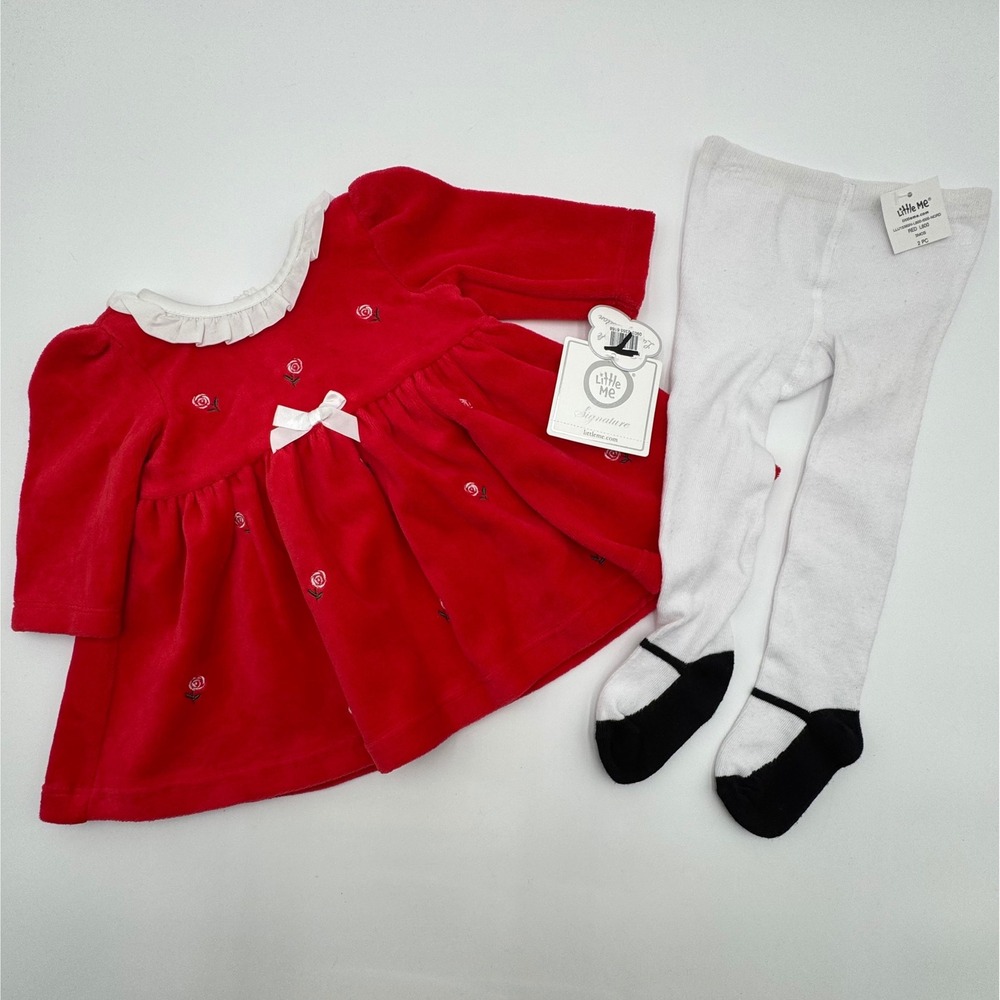 NEW Little Me Baby Girls 3 Months‎ Dress and Tights Set Red Festive Roses Velour